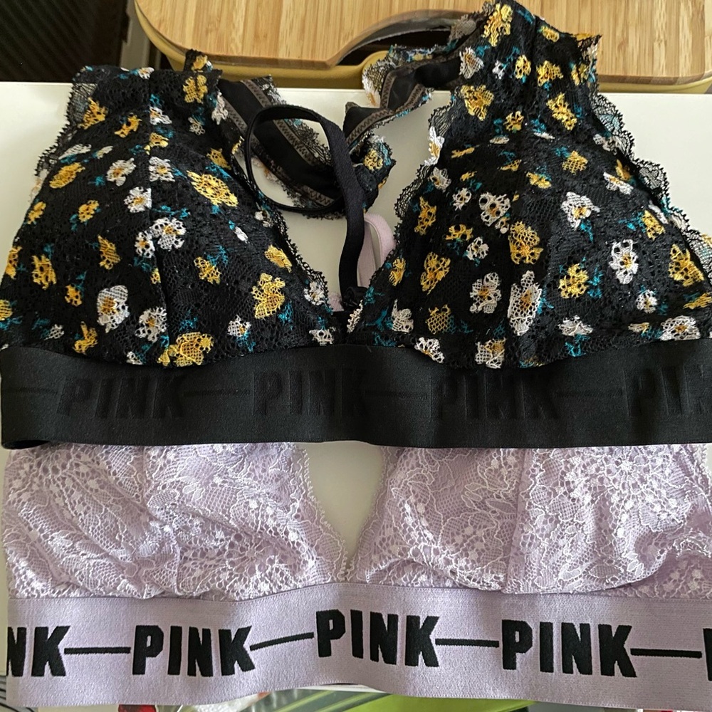 (2 bralettes) PINK Victoria's Secret Floral Black Lace and Lavender Bralettes